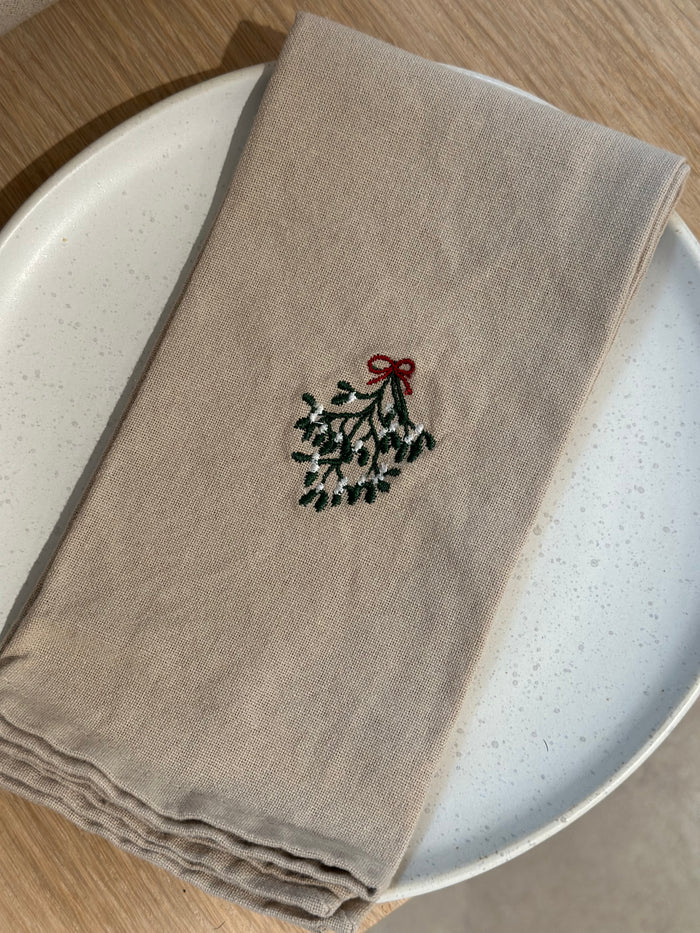 Stofserviet - Hørfarvet m. Mistelten