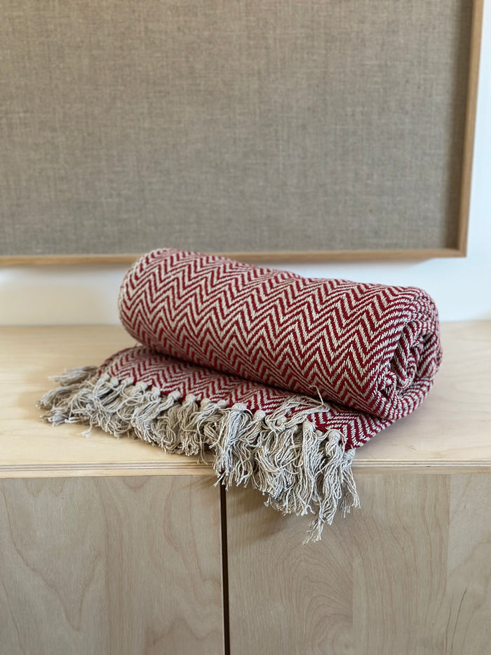 Plaid af Genanvendt Bomuld - Rød Herringbone