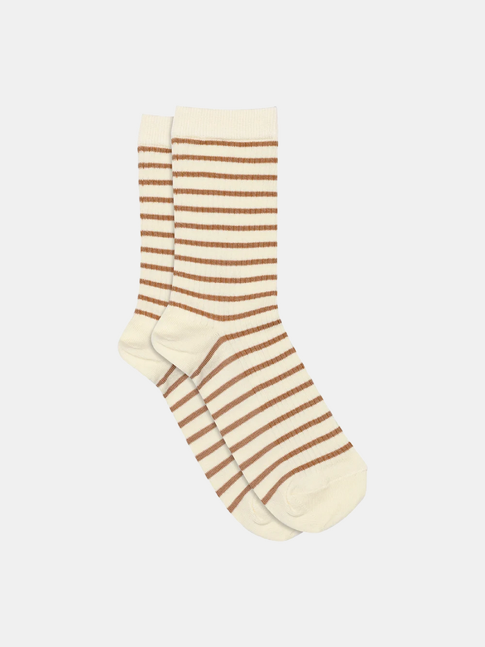 Bomuldsstrømper m. Striber - Råhvid / Varm Brun